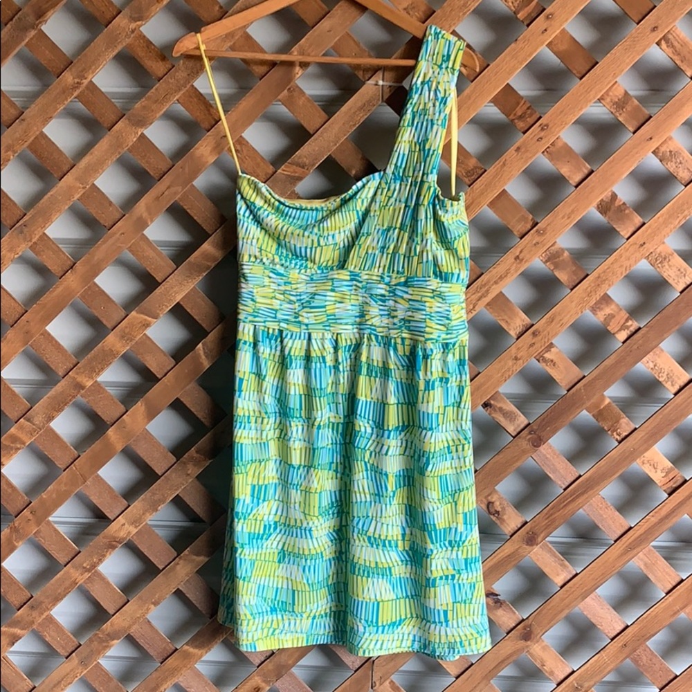 ❤️GIANNI BINI Dress one shoulder yellow, green & turquoise colors stretch Size M